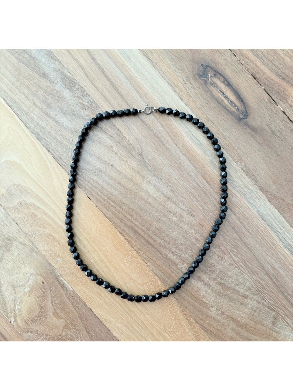 Vintage 1950s Black Faceted Glass Bead Necklace 18” Mid-Century Classic